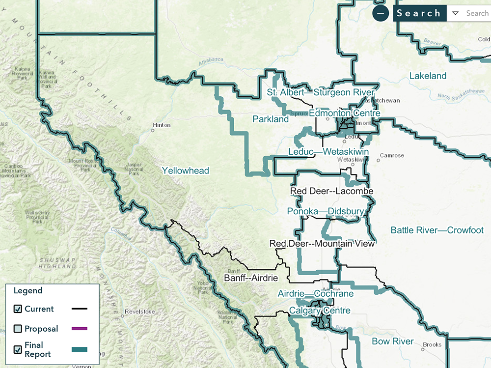 Map showing the boundries of the new Yellowhead riding in Alberta