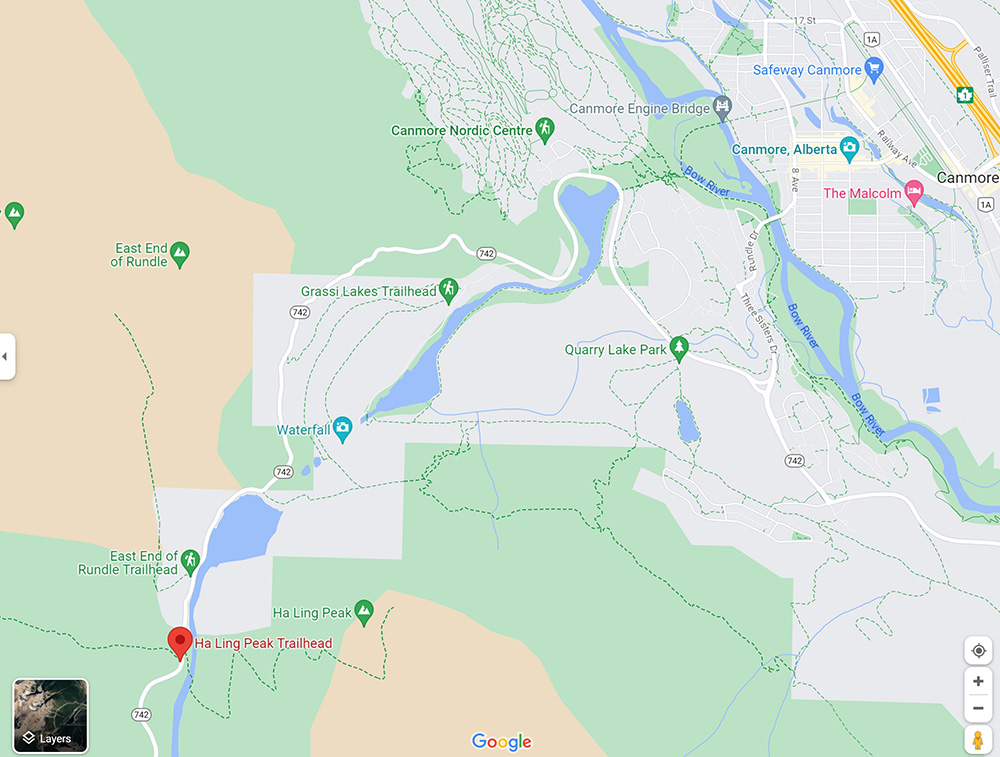 Google map shoing location of Ha Ling Peak trailhead