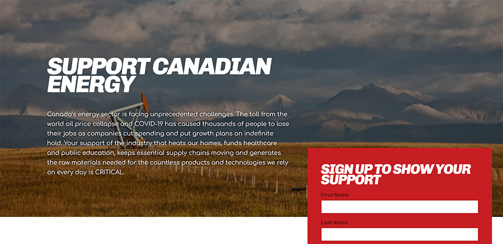 Screen capture of the Support Canadian Enery website