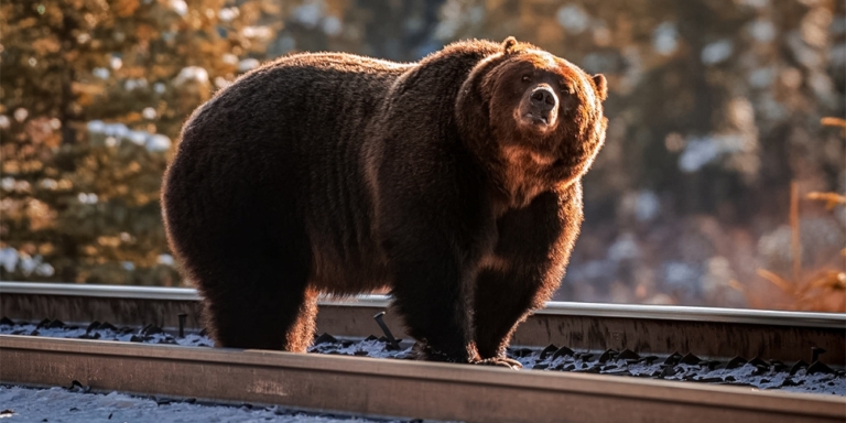 Large Male Grizzly on Railroad Tracks