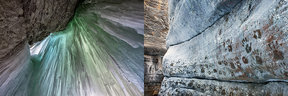 Coloured ice behind the waterfalls and handprints on the frosty canyon walls | Darwin Wiggett | oopoomoo
