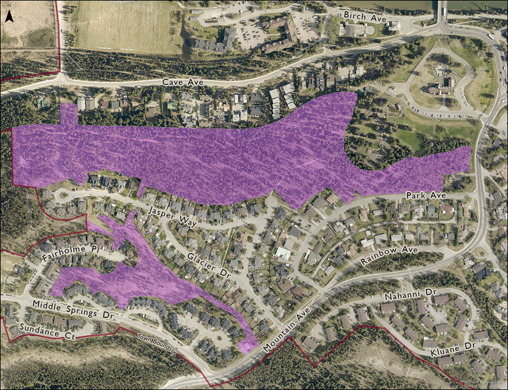 The Middle Springs area in Banff. Areas marked in purple show where FireSmart activities are being carried out | Town of Banff