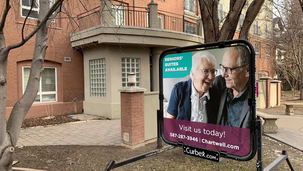 A sign advertising vacant suites at a Calgary retirement home highlights the anomaly of seniors' residences having an average national vacancy rate of 15 percent while the rest of Canada's rental market faces record-low average vacancy rates of 1.5 percent. Ellis Choe | CBC