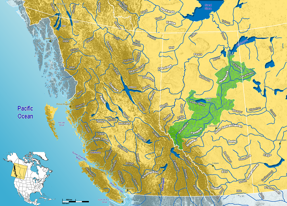 The Athabasca River is highlighted in green. Public Domain | Map by Qyd - GIS data 