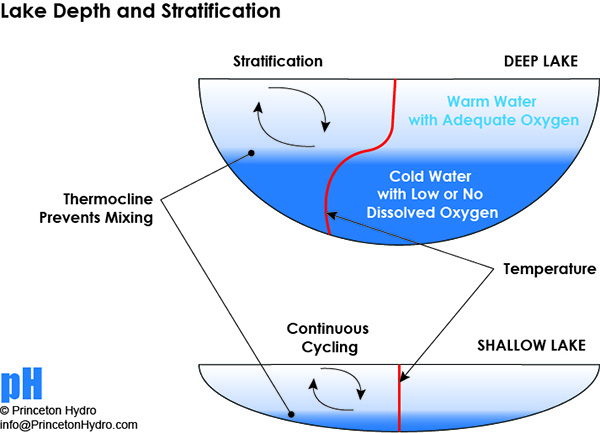 A diagram showing how a shallow lake continuously mixes unlike a deep lake separated by thermal layers  Princeton Hydro