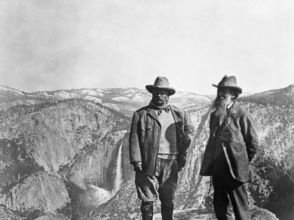 Theodore Roosevelt stands with naturalist John Muir on Glacier Point, above Yosemite Valley, California, USA. Bettmann | Contributor via Getty Images
