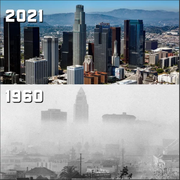 The Clean Air Act of 1970, which required all cars after the year 1975 to be equipped with a catalytic converter, and the banning of leaded gasoline significantly reduced air pollution in cities like Los Angeles | Reddit
