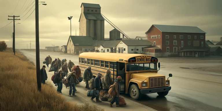 Ai image of homeless people leaving a school bus in a small prairie town