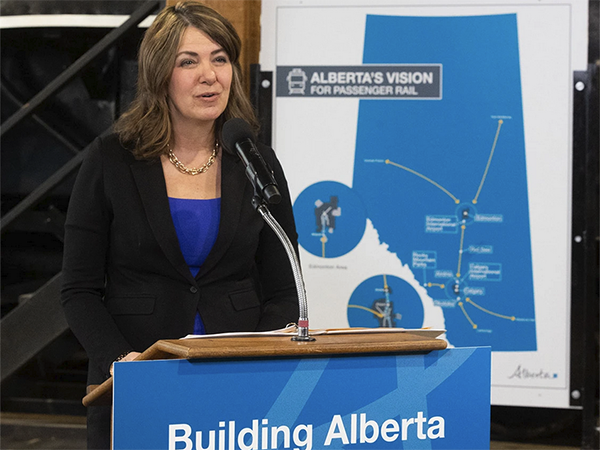 Premier Danielle Smith speaking at a press conference announcing the passenger rail master plan in Calgary  Brent Calver  Postmedia  Calgary Herald