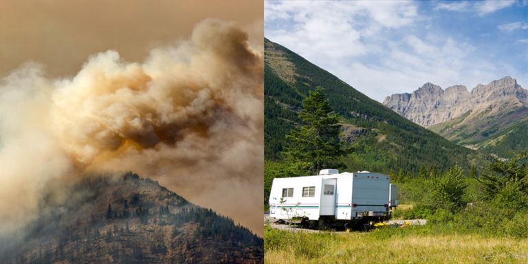 Mountain forest fire and a photo of an RV in the mountains on a clear day