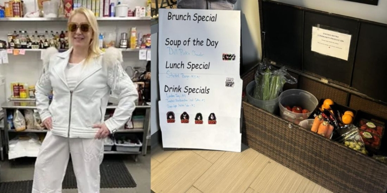 Debbie Stiles standing in front of her daily special sign and free food bin