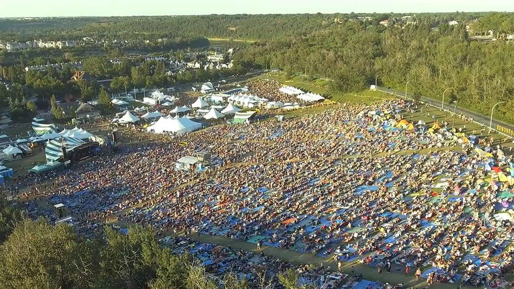 An aerial photo of the Edmonton Folk Music Festival 
