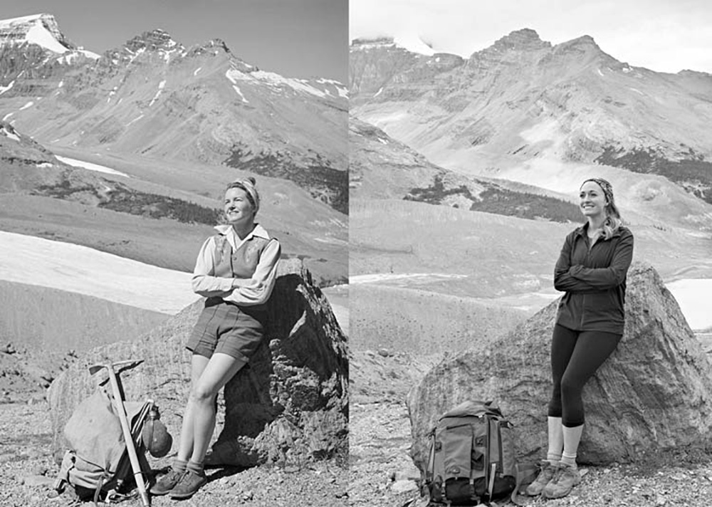 A grandmother/granddaughter shot with the Athabasca Glacier in the backdrop separated by 70 years, 1947 to 2017
