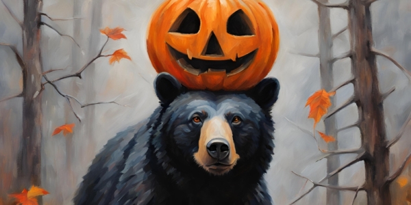 Illustration of a bear with a pumpkin on its head