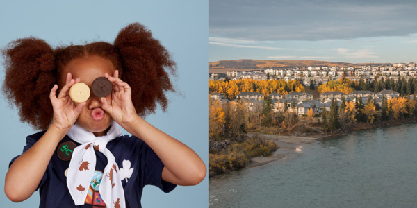 Photo of a Girl Guide with cookies and the Bow River running through Cochrane, Alberta