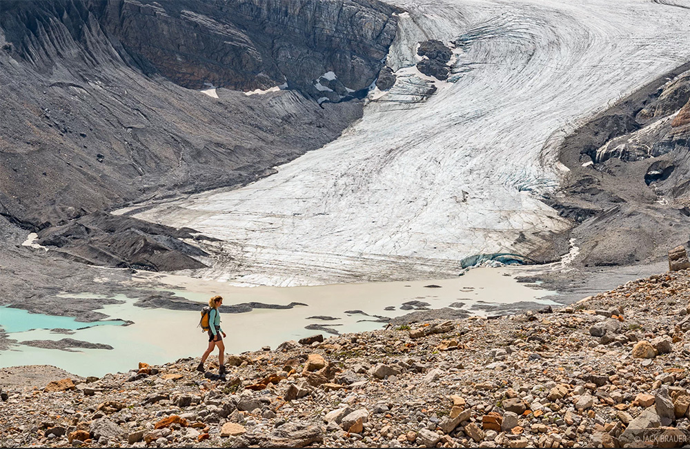 The reward of a hike to Peyto Glacier is this in-your-face view of the rapidly retreating glacier
