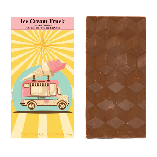 a milk chocolate bar on the right with bits of freeze-dried ice cream and sugar cone bits vaguely seen inside. On the left is the bars wrapper, which shows an ice cream truck with a large ice cream cone on its hood.